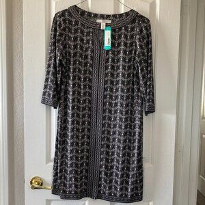 Wisp Black White Floral Geometric Stretch Keyhole Neck Shift Dress Size 12P-NWT